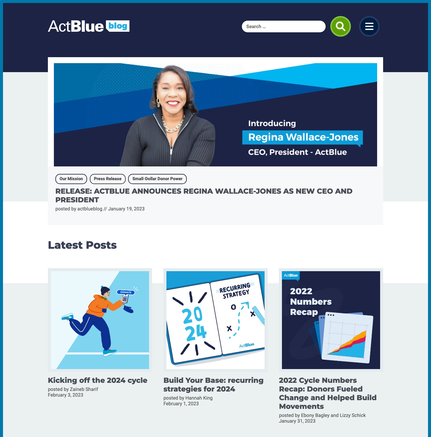 ActBlue Blog homepage with a featured CEO announcement and a grid of latest posts