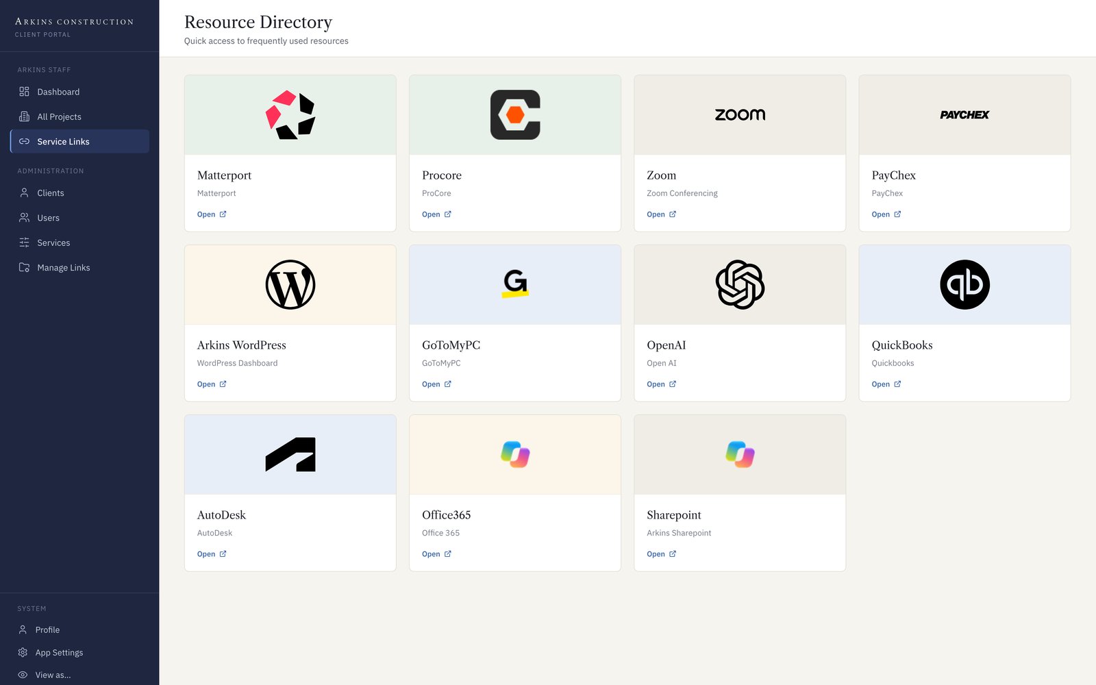 Arkins client portal Resource Directory with cards for Matterport, Procore, Zoom, PayChex, WordPress, GoToMyPC, OpenAI, QuickBooks, AutoDesk, Office365, and SharePoint