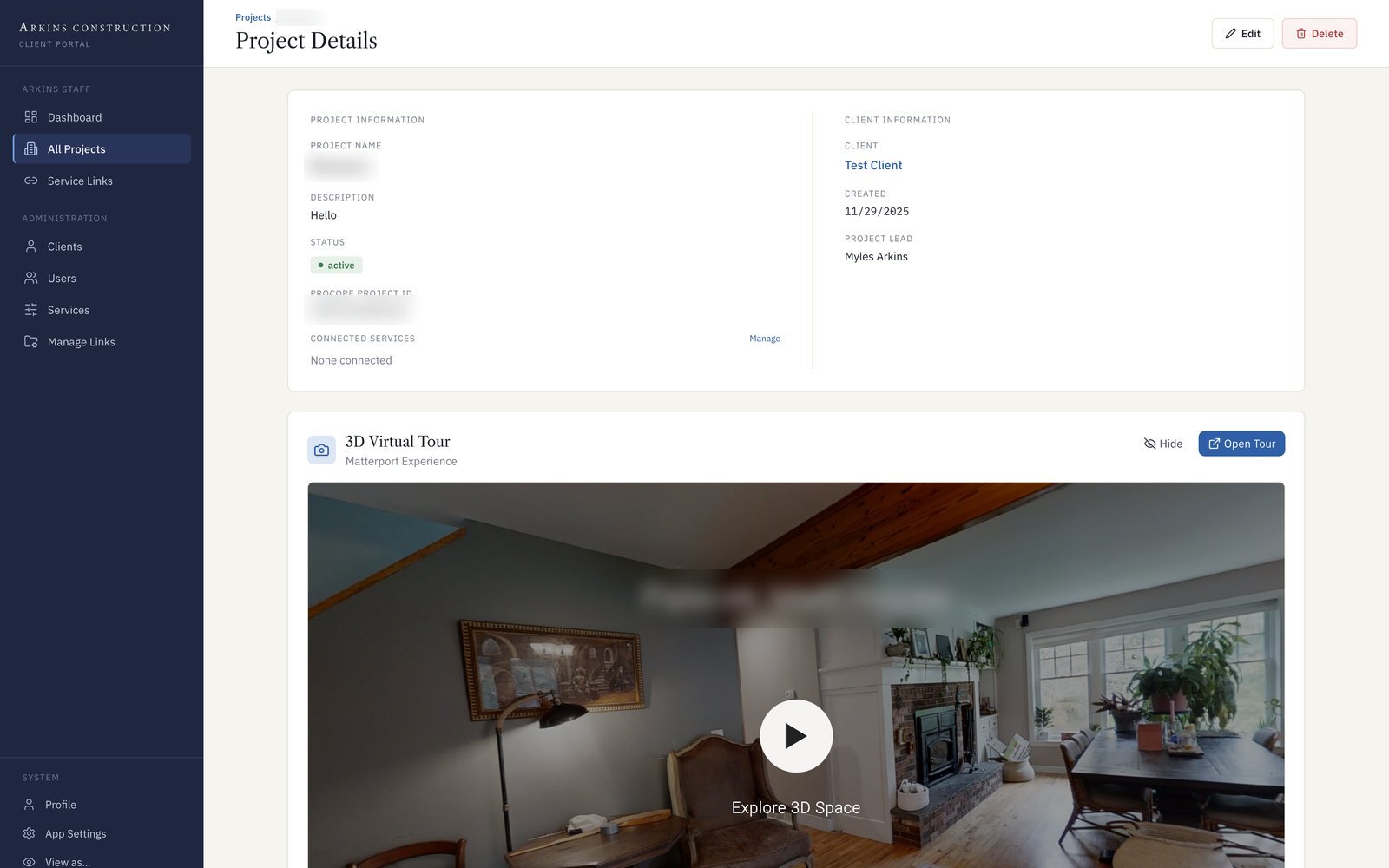 Arkins client portal Project Details page with project information, client and project lead, and an embedded Matterport 3D virtual tour