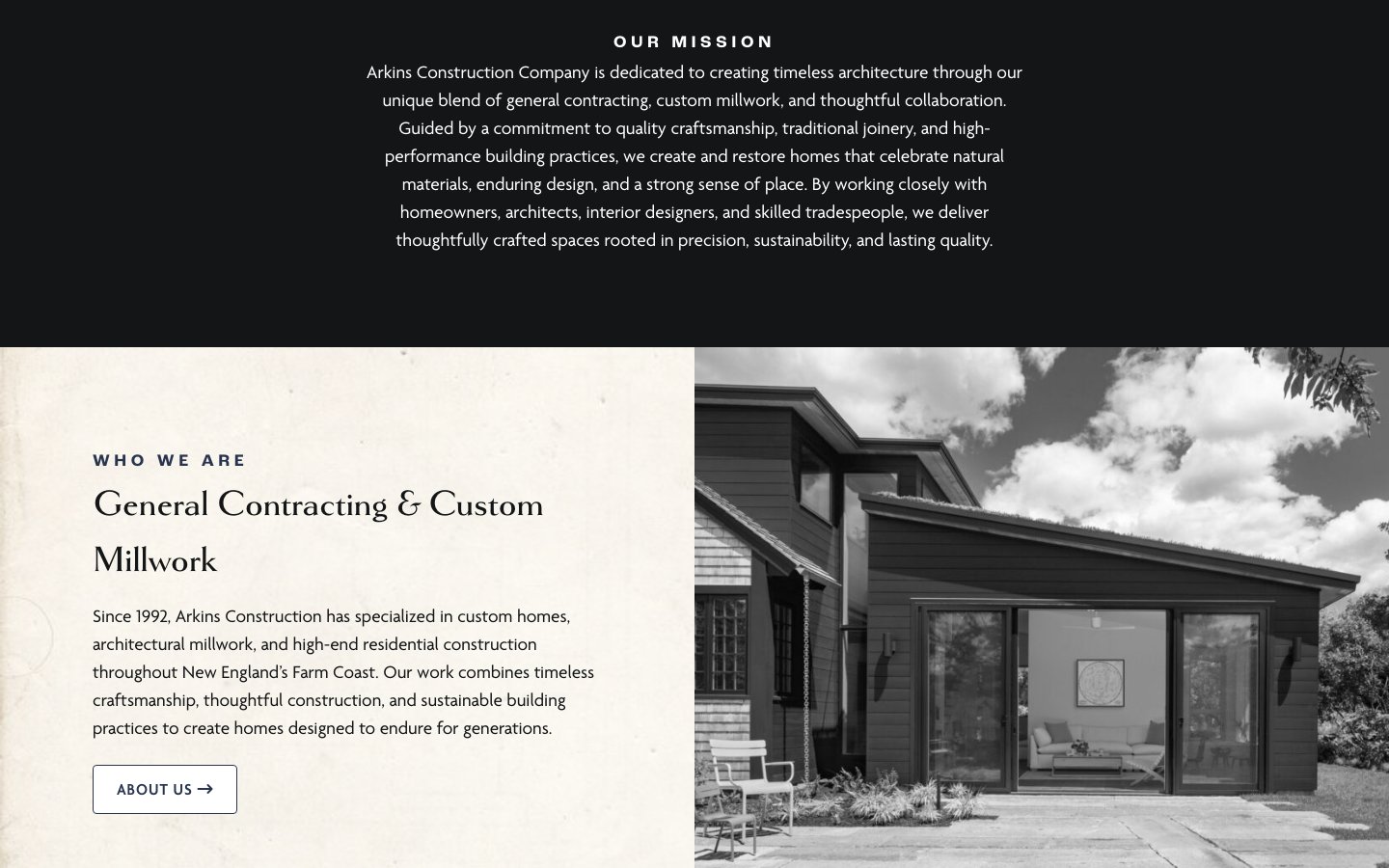 Arkins Construction mission statement above a Who We Are section with a black and white photo of a modern home