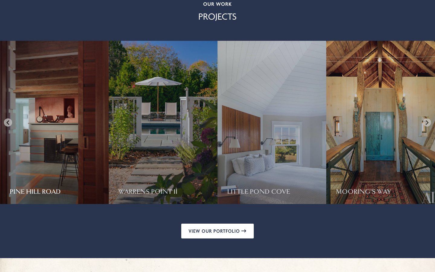 Arkins Construction project carousel with Pine Hill Road, Warrens Point II, Little Pond Cove, and Mooring’s Way