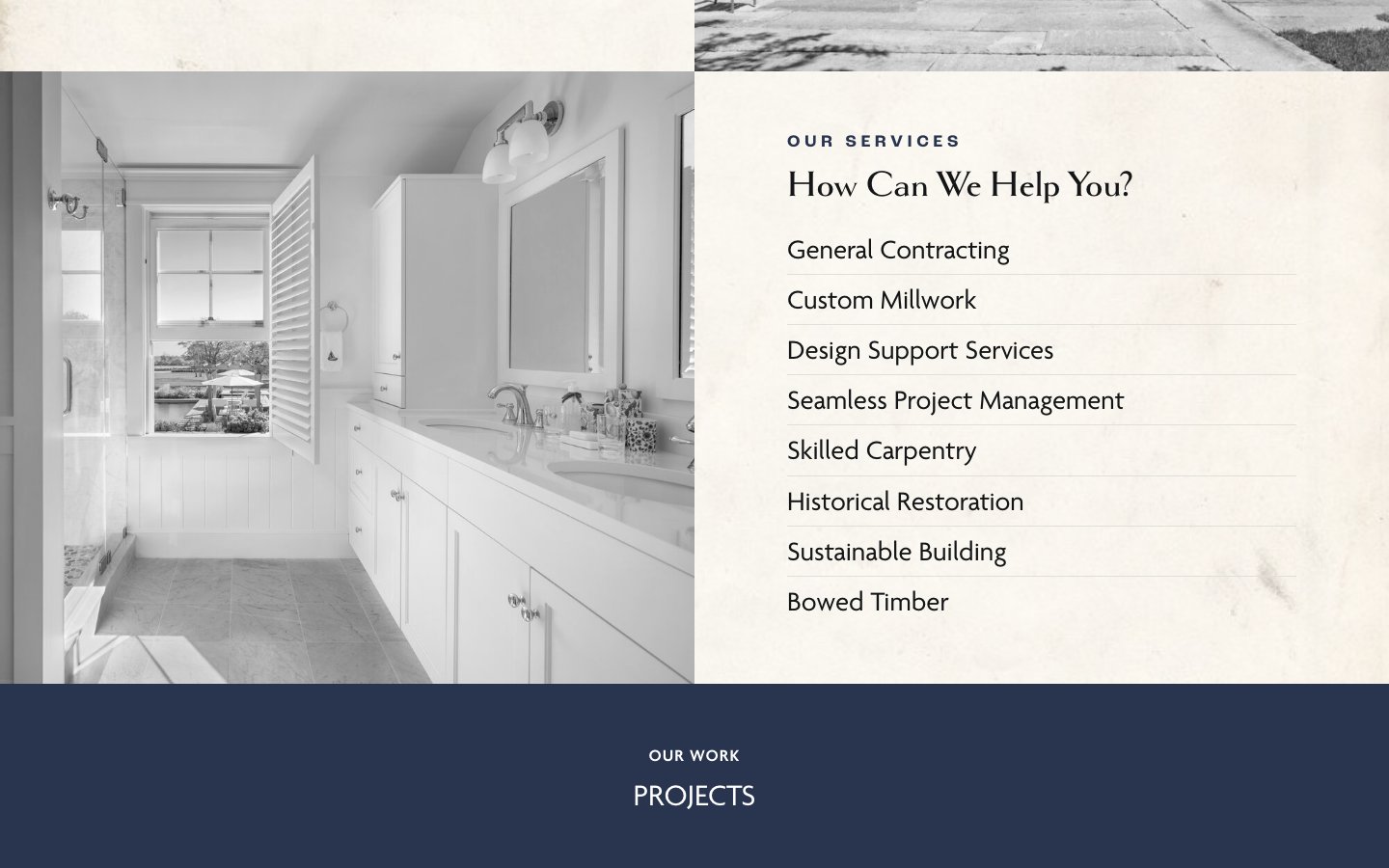 Arkins Construction services list beside a black and white bathroom photo
