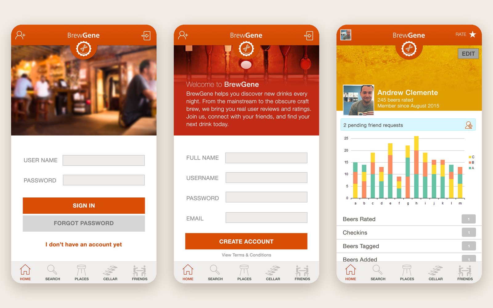 Three BrewGene screens — user login, account registration with a welcome message, and a user profile with rating activity charts