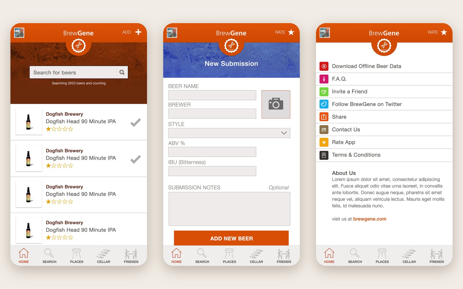 Three BrewGene screens — beer search results, the New Submission form for adding a beer, and the More Options menu