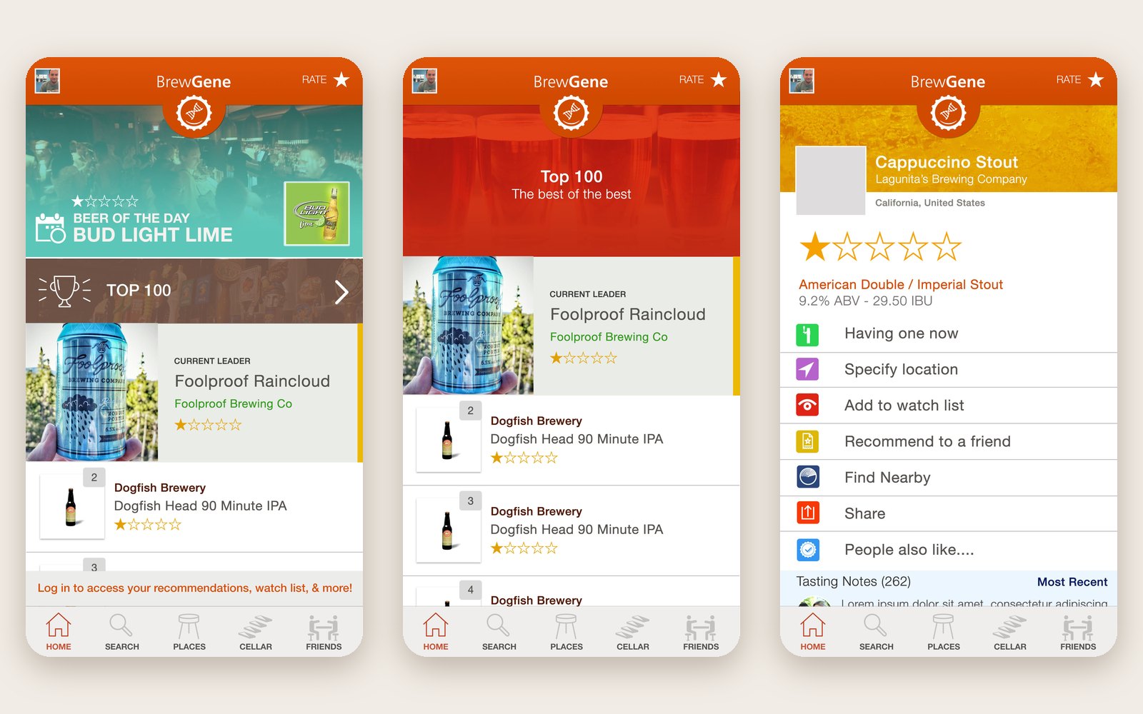 Three BrewGene app screens — the home feed with Beer of the Day and the Top 100 leader, the Top 100 list, and a single beer page with ratings and actions