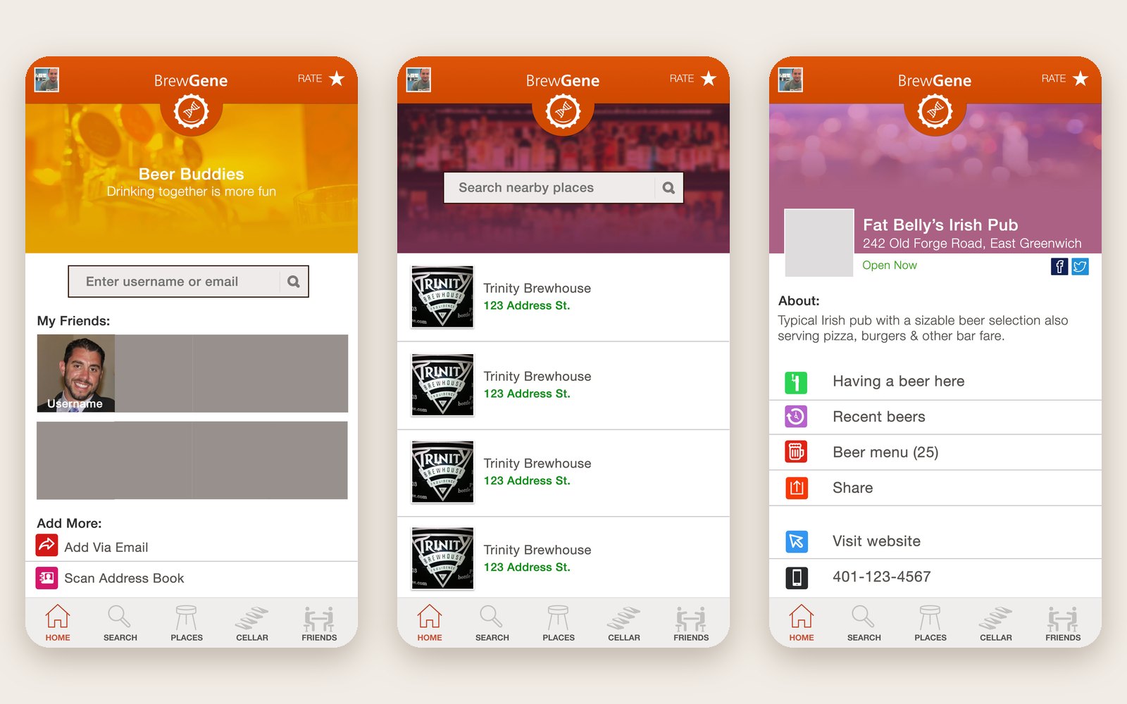 Three BrewGene screens — Beer Buddies friend search, Nearby Places list, and a single bar listing with actions