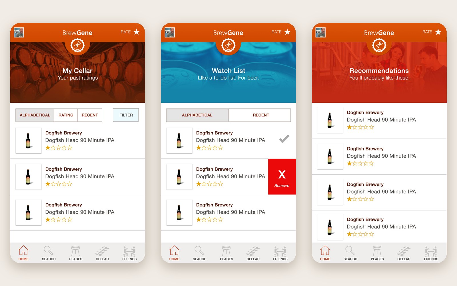 Three BrewGene screens — My Cellar with sortable rated beers, the Watch List with swipe to remove, and personalized Recommendations