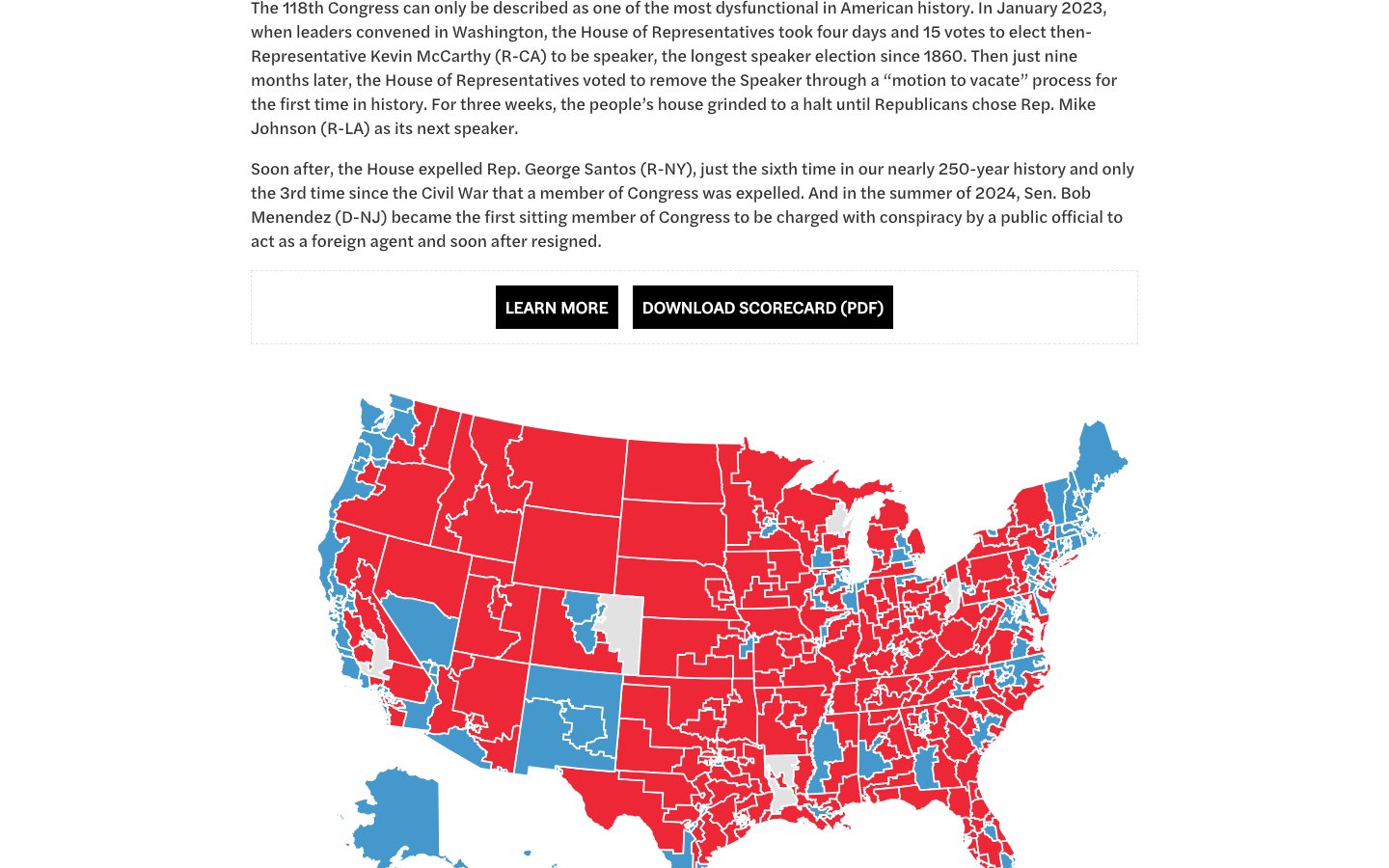 Democracy Scorecard national district map colored by score, below an intro and download buttons