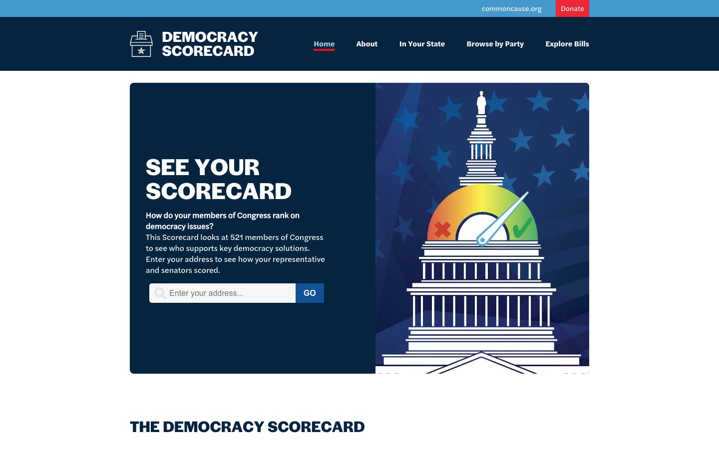 Democracy Scorecard homepage with an illustrated Capitol dome gauge and a See Your Scorecard address search