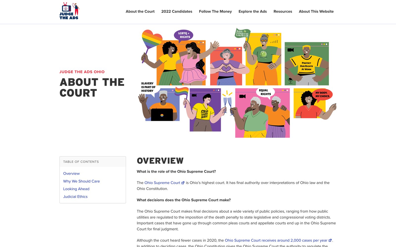 Judge the Ads About the Court page with an illustrated hero of voters, a table of contents, and an overview of the Ohio Supreme Court