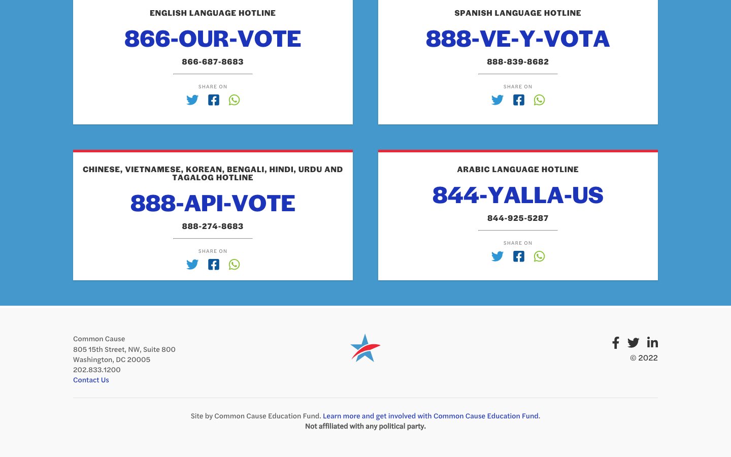 Election Protection hotline cards for English, Spanish, Asian-language, and Arabic voter assistance numbers