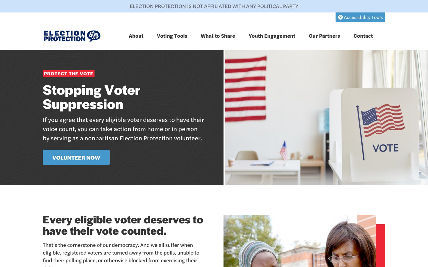 Election Protection homepage with a Stopping Voter Suppression hero and a volunteer call to action