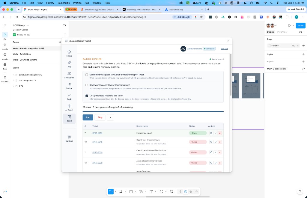 eMoney Design Toolkit Figma plugin showing the AI Assist tool hub