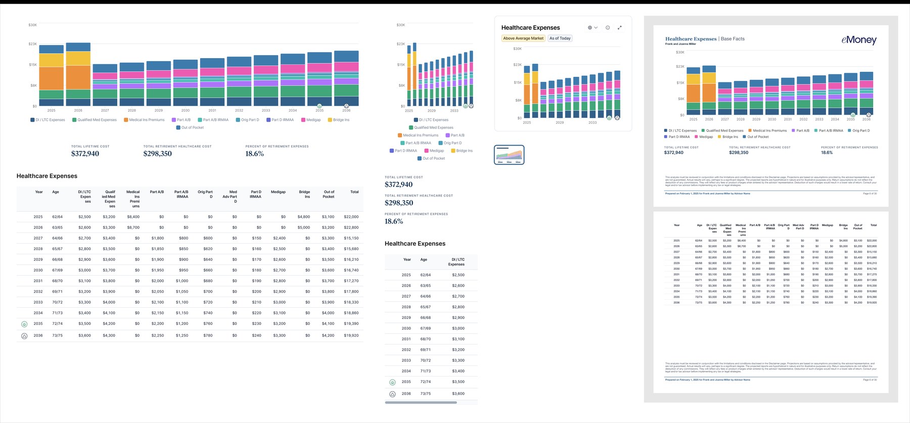 eMoney Healthcare Expenses report shown at full width, in a narrow panel, as a widget, and as printed PDF pages