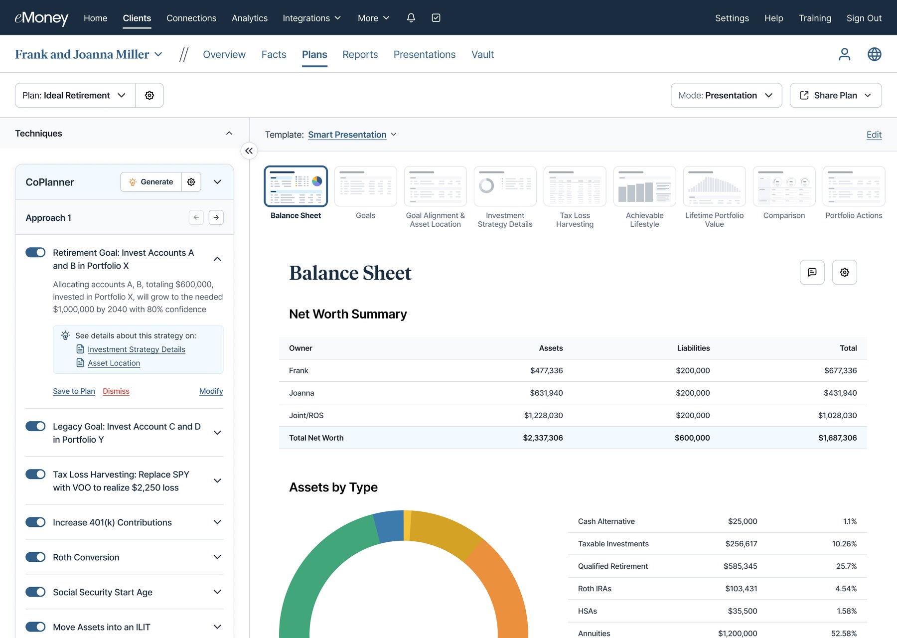 eMoney Presentation mode with a Smart Presentation template ribbon and a Balance Sheet page