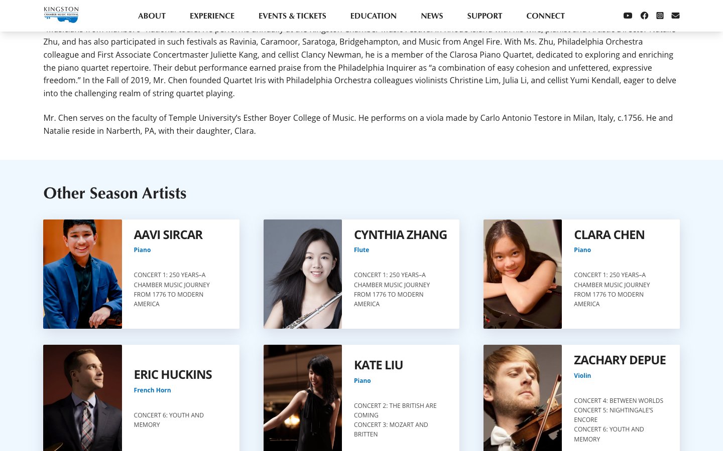 Other Season Artists grid with photo cards showing each musician’s name, instrument, and the concerts they perform in