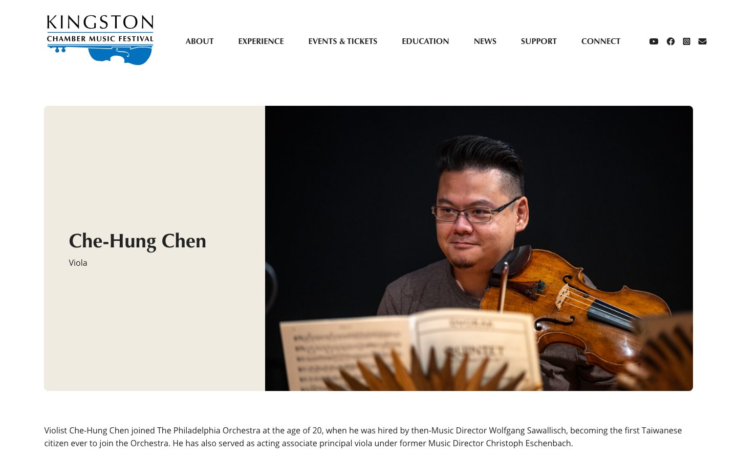Artist profile for violist Che-Hung Chen with a split layout of name and instrument beside a large performance photo, followed by his biography
