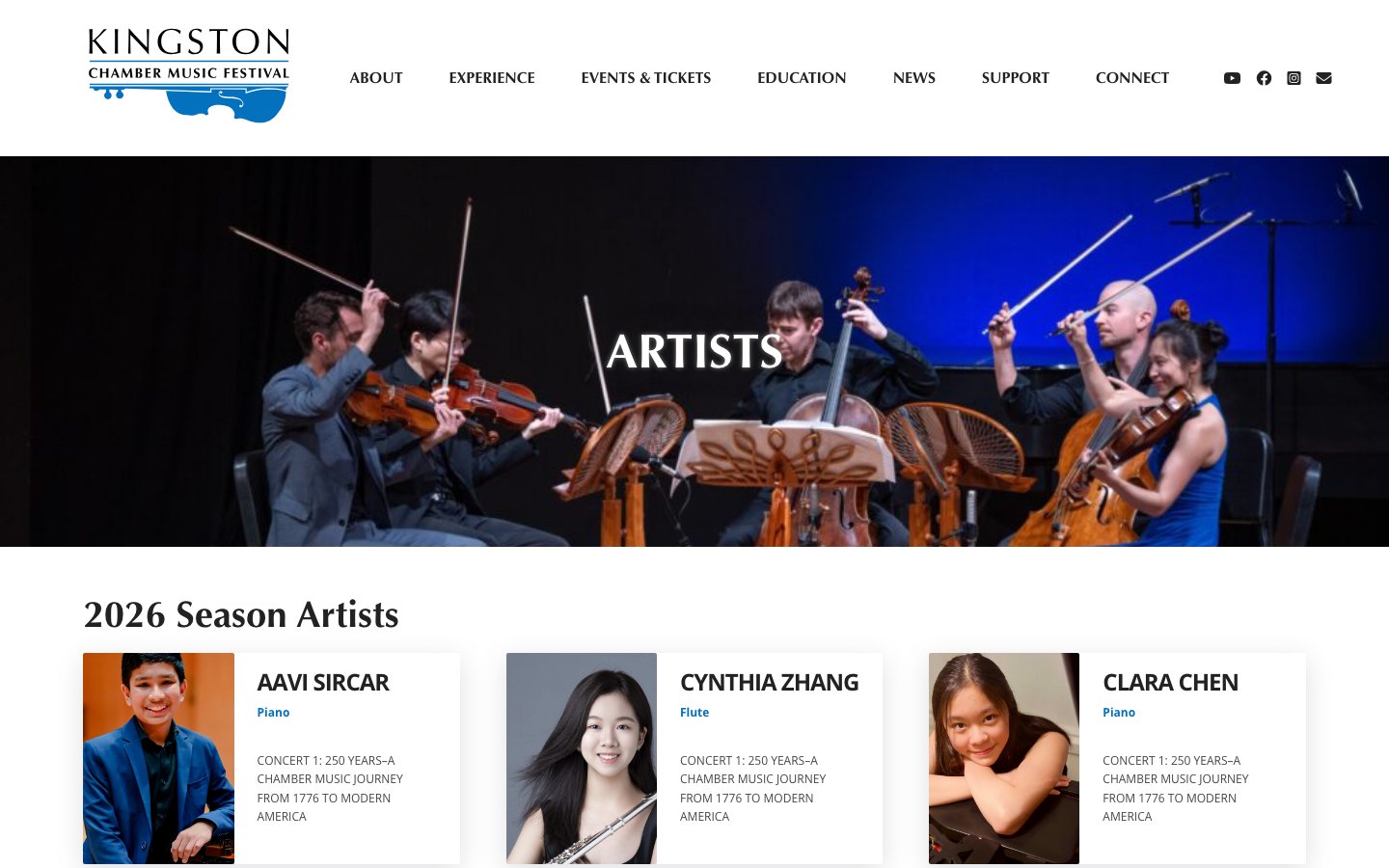 Kingston Chamber Music Festival Artists page with a string quintet performing on stage under blue light, above cards for the 2026 season artists