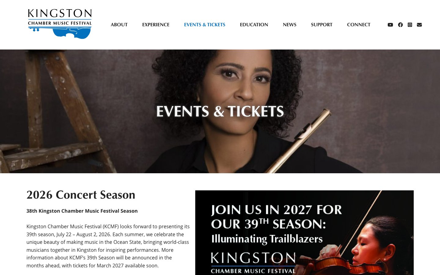 Events and Tickets page with a flutist portrait banner, the season overview, and a promotional graphic for the next season