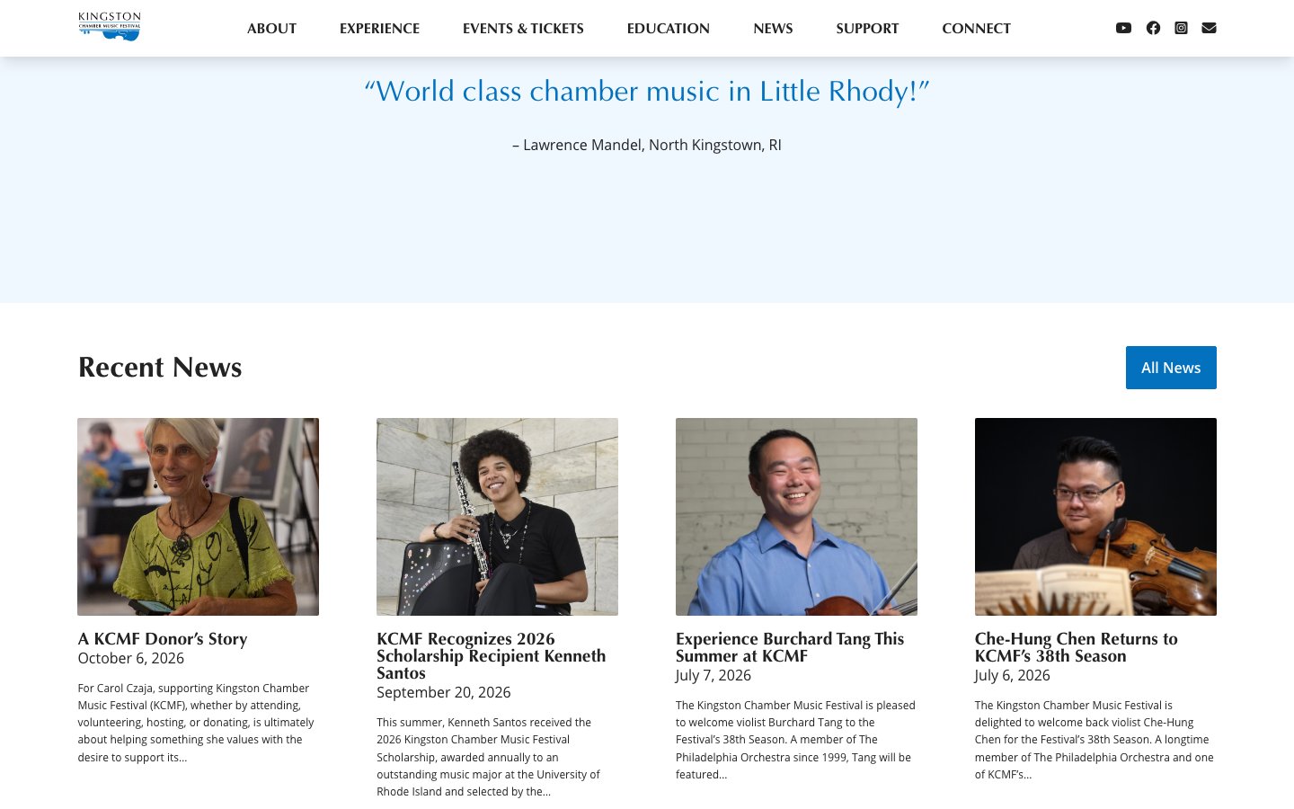 Homepage audience quote above a Recent News row of four photo cards