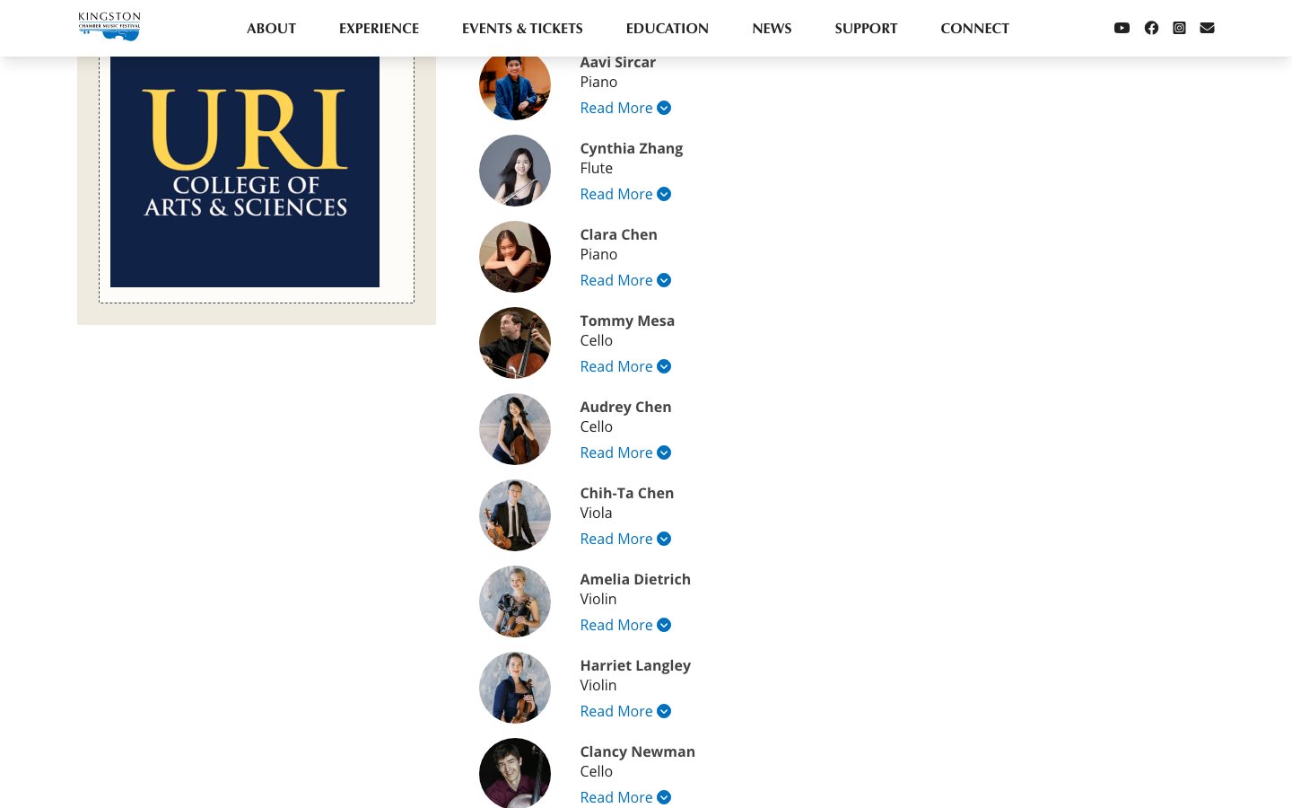 Show page performer list with circular artist photos, instruments, and Read More links to expand each bio
