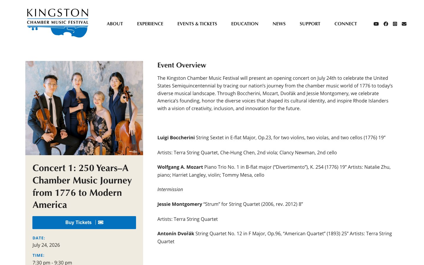 Concert 1: 250 Years show page with a string quartet photo, Buy Tickets button, date and time, and an event overview listing each piece and its performers