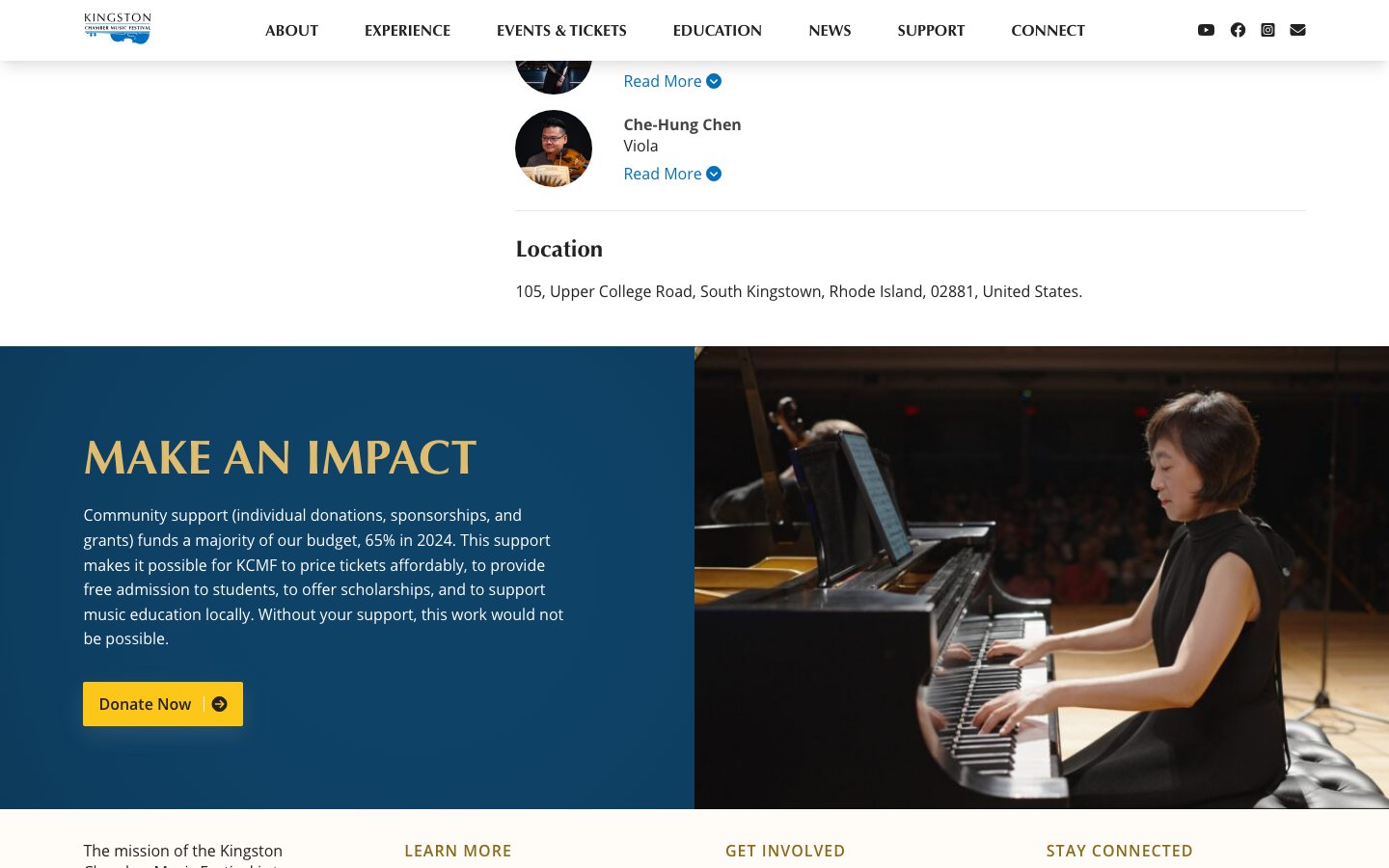Make an Impact donation section with a Donate Now button beside a photo of a pianist performing