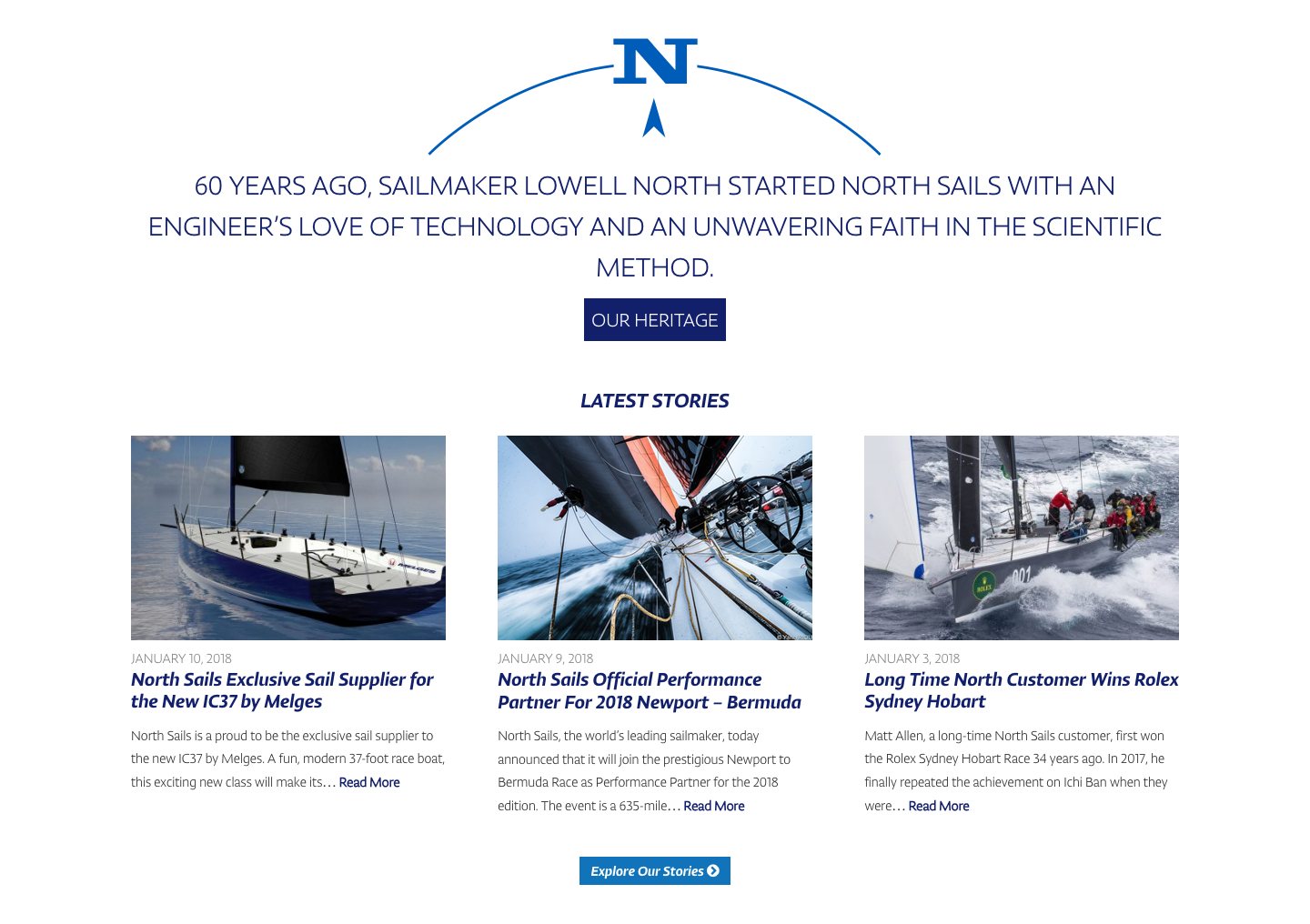 North Sails homepage heritage statement above a Latest Stories row of three news posts