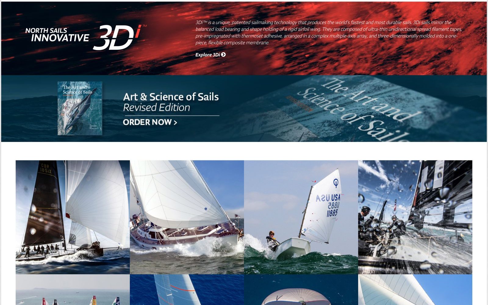 North Sails homepage 3Di technology banner, Art & Science of Sails promo, and a grid of sailing photography