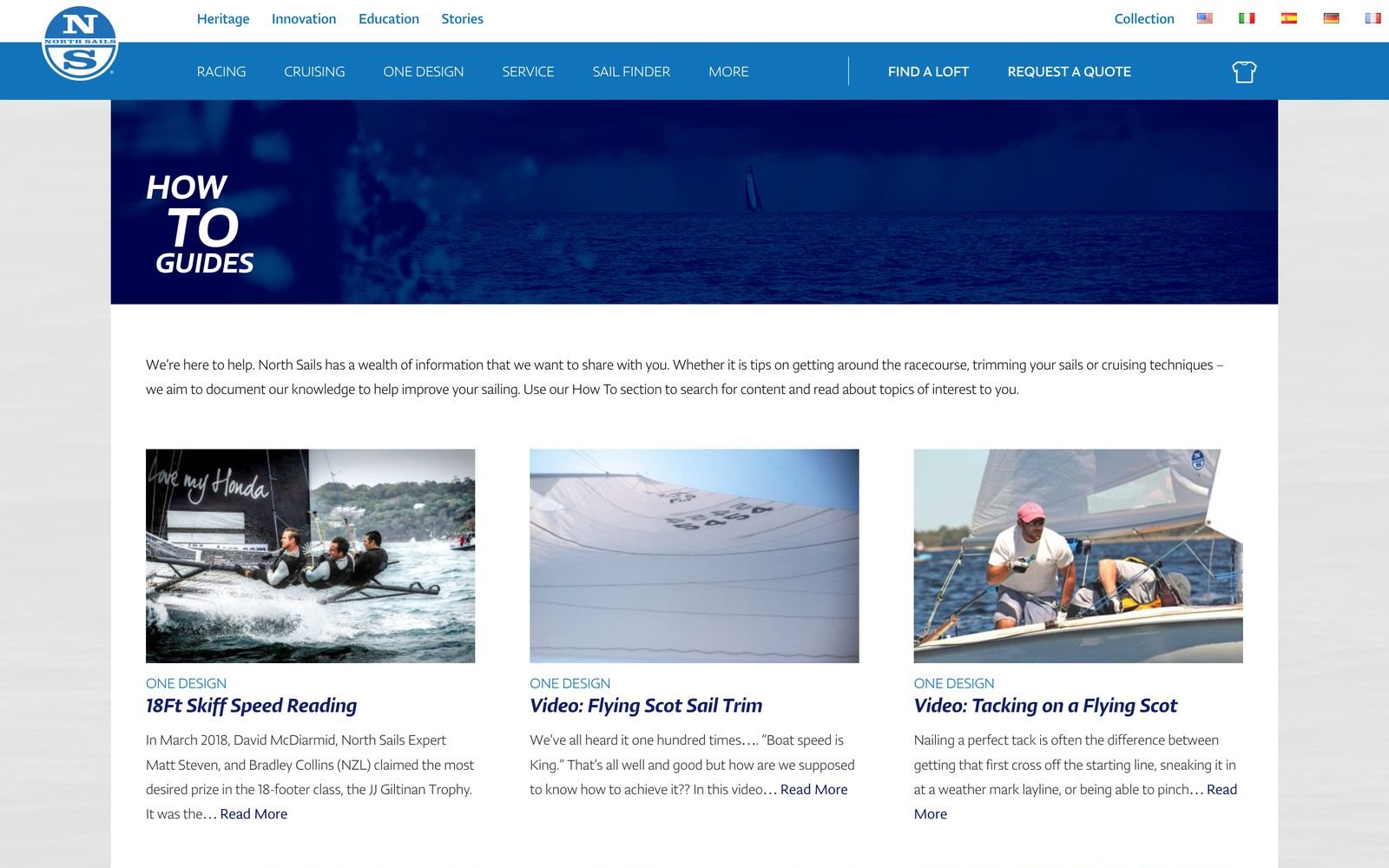 North Sails How To Guides page with an intro and a grid of guide articles