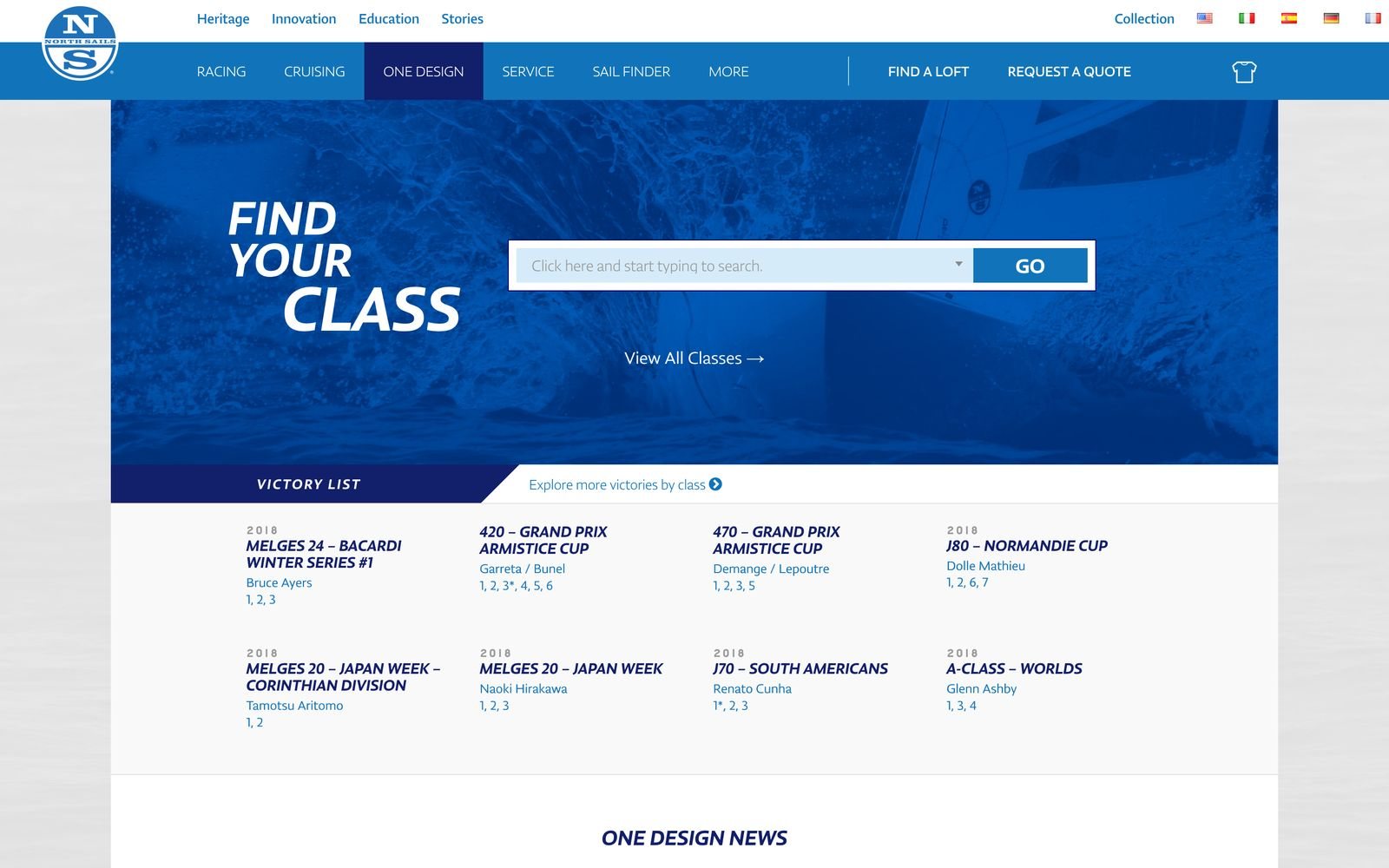 North Sails One Design page with a Find Your Class search, a victory list, and the start of a news grid