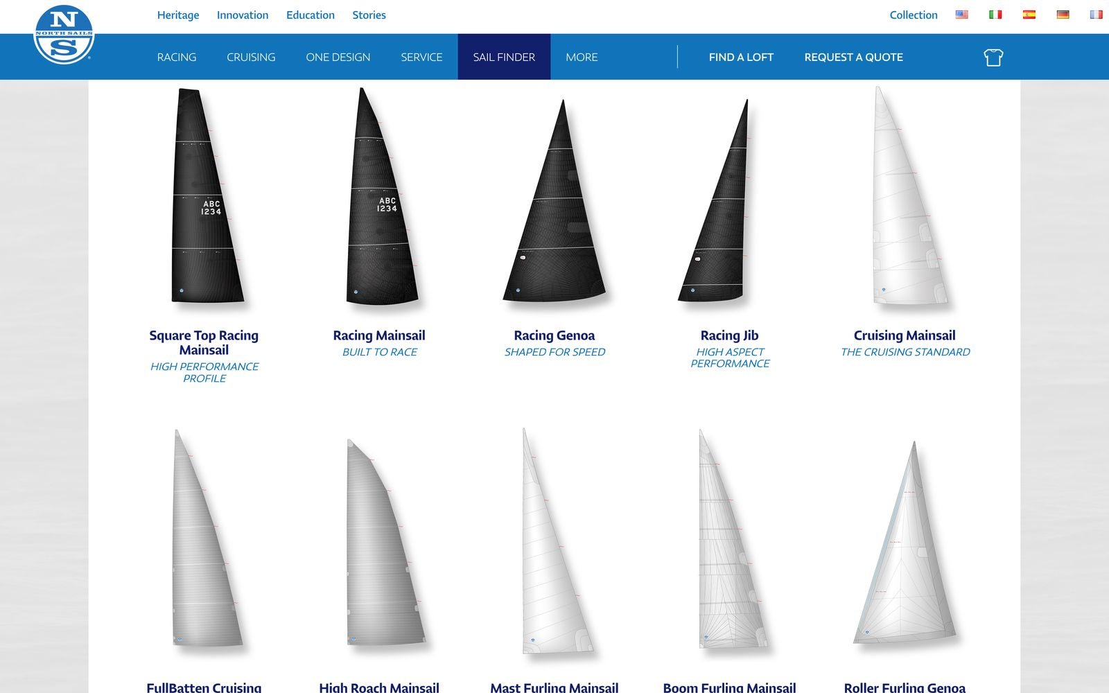 North Sails Sail Finder grid of racing and cruising sail types, each with a name and tagline