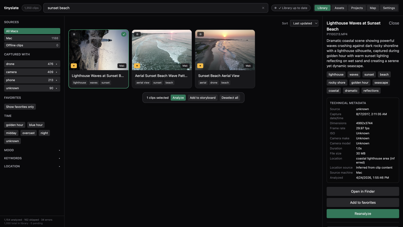 TinySlate clip detail view with AI analysis results