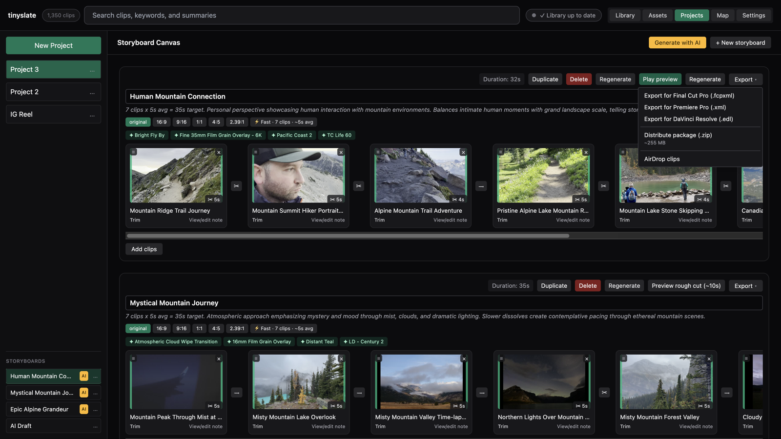 TinySlate export options for professional NLEs