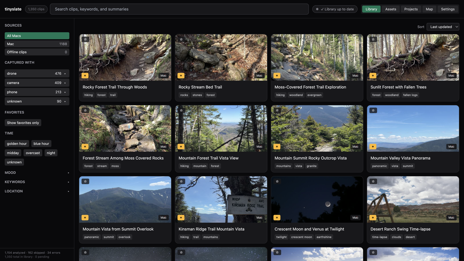 TinySlate library view with AI-tagged video clips in a dark-themed grid