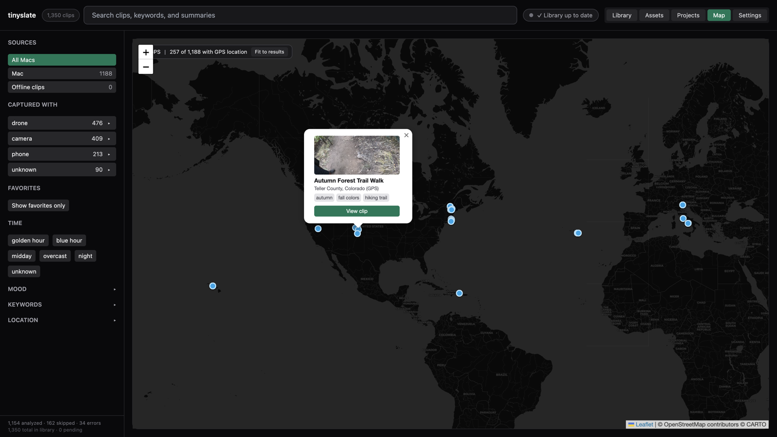 TinySlate map view showing GPS-tagged clip locations