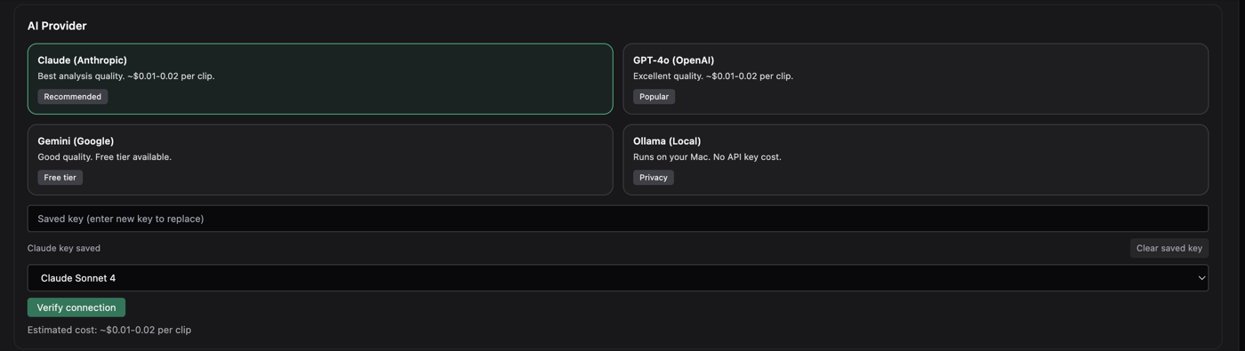 TinySlate AI provider and model selection settings
