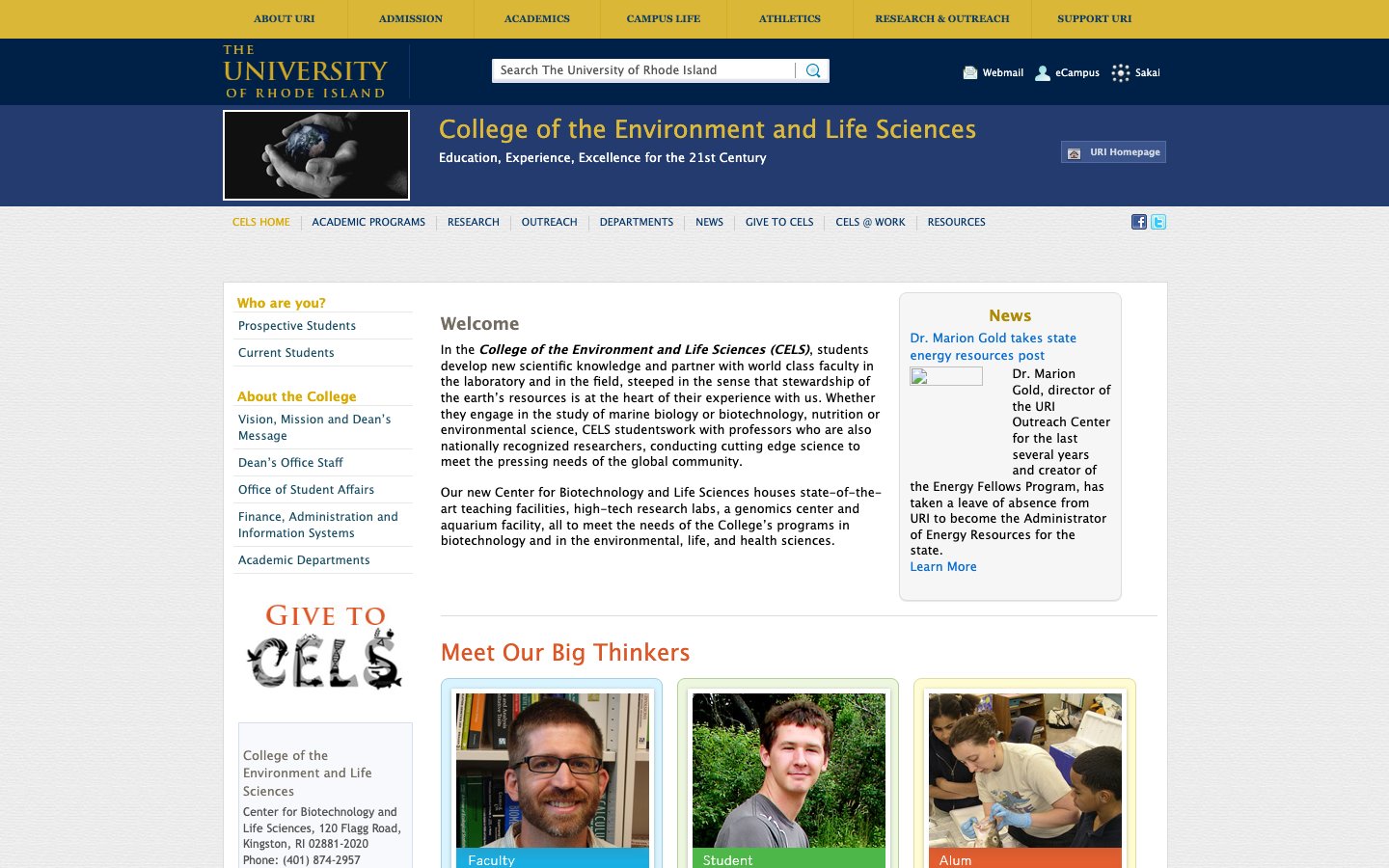 College of the Environment and Life Sciences site with the shared URI header, a college banner, its own navigation, audience links, a welcome message, news, and Meet Our Big Thinkers cards