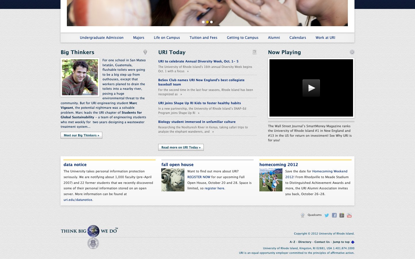 Lower half of the URI homepage with quick links, Big Thinkers, URI Today news, a video player, and three announcement cards above the Think Big We Do footer
