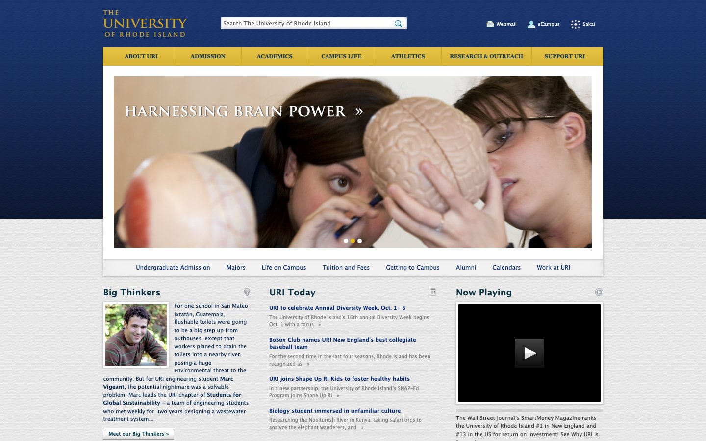 University of Rhode Island homepage in September 2012 with a navy and gold header, a "Harnessing Brain Power" feature slide, and Big Thinkers, URI Today, and Now Playing columns