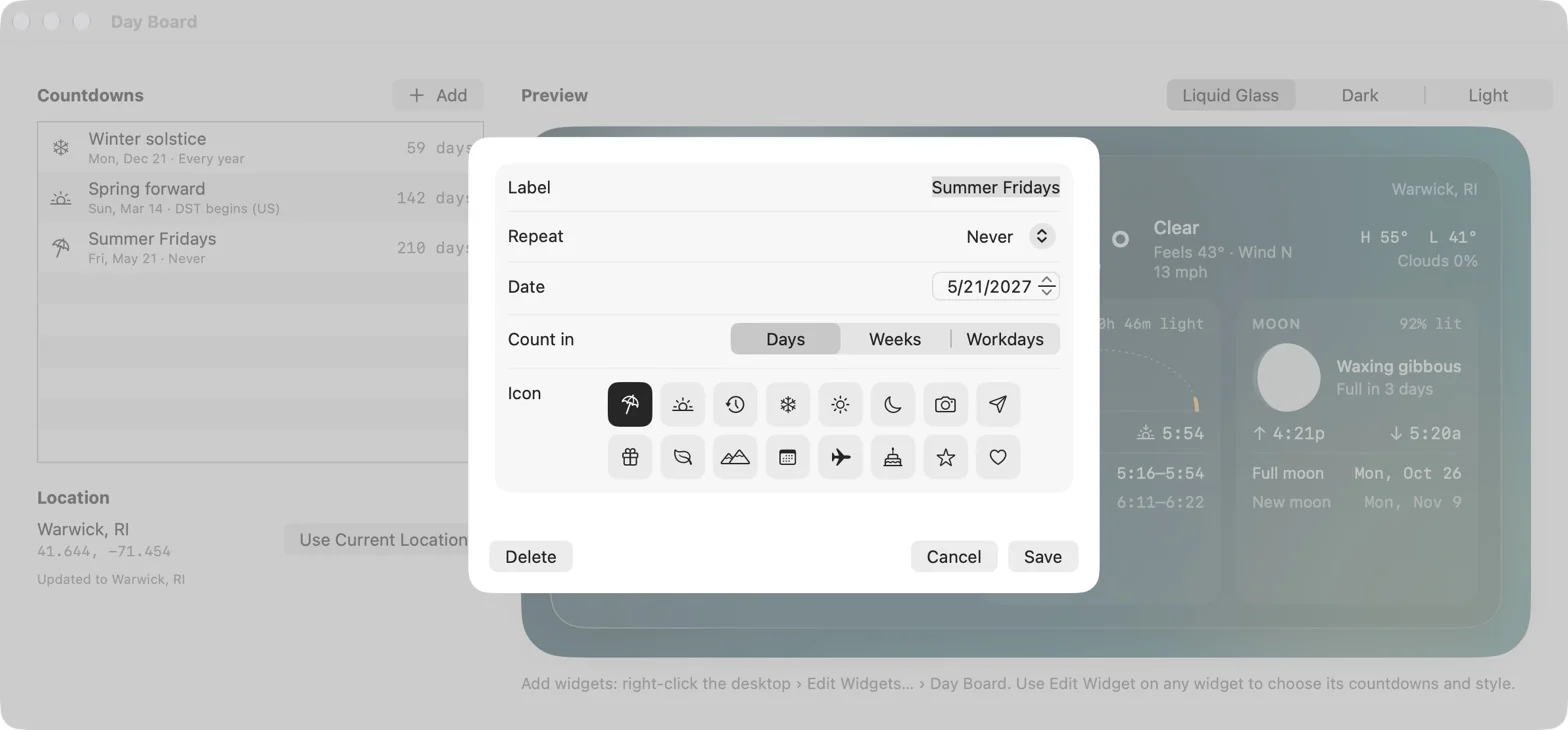 Day Board countdown editor with fields for label, repeat rule, date, unit, and an SF Symbol icon picker
