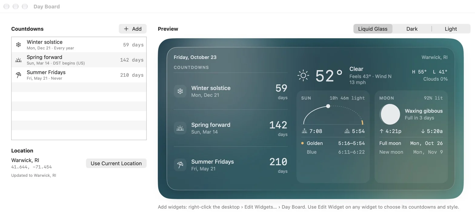Day Board companion app with a countdown list, location settings, and a live preview of the widget