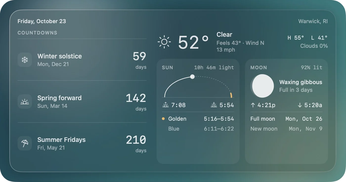 Day Board extra-large widget in the Liquid Glass style, showing three countdowns, current weather, a sun arc with golden and blue hour, and the moon phase