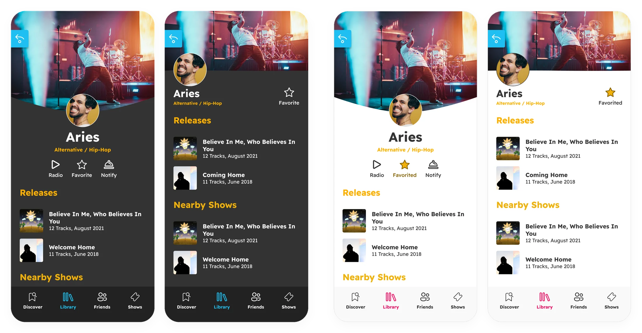 The Aries artist page before and after scrolling, in dark and light mode, with the large centered header collapsing into a compact left-aligned bar