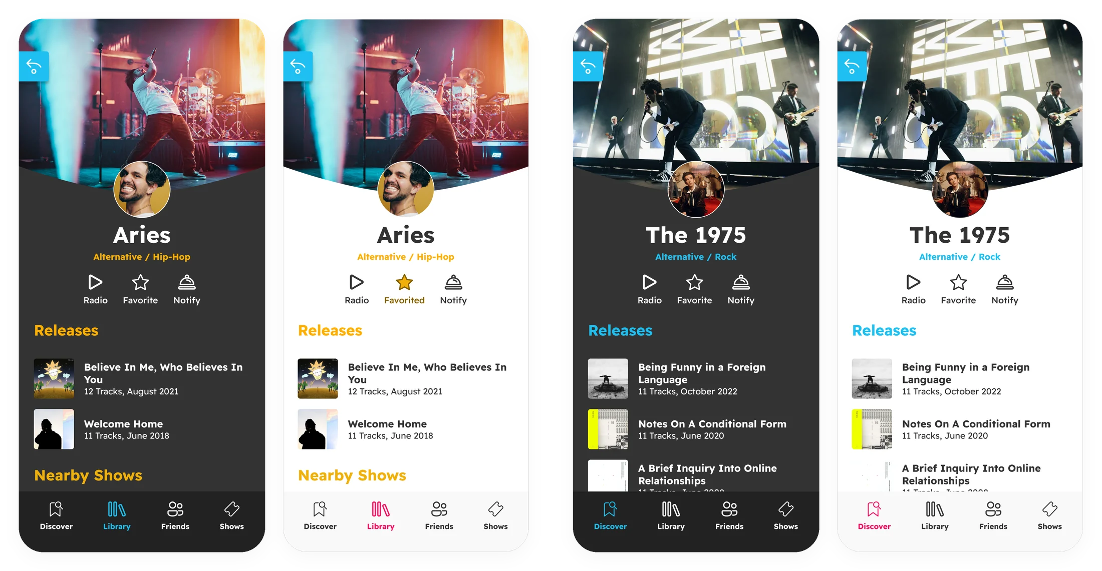 Artist pages for Aries and The 1975, each shown in dark and light mode, with an amber accent for Aries and a blue accent for The 1975