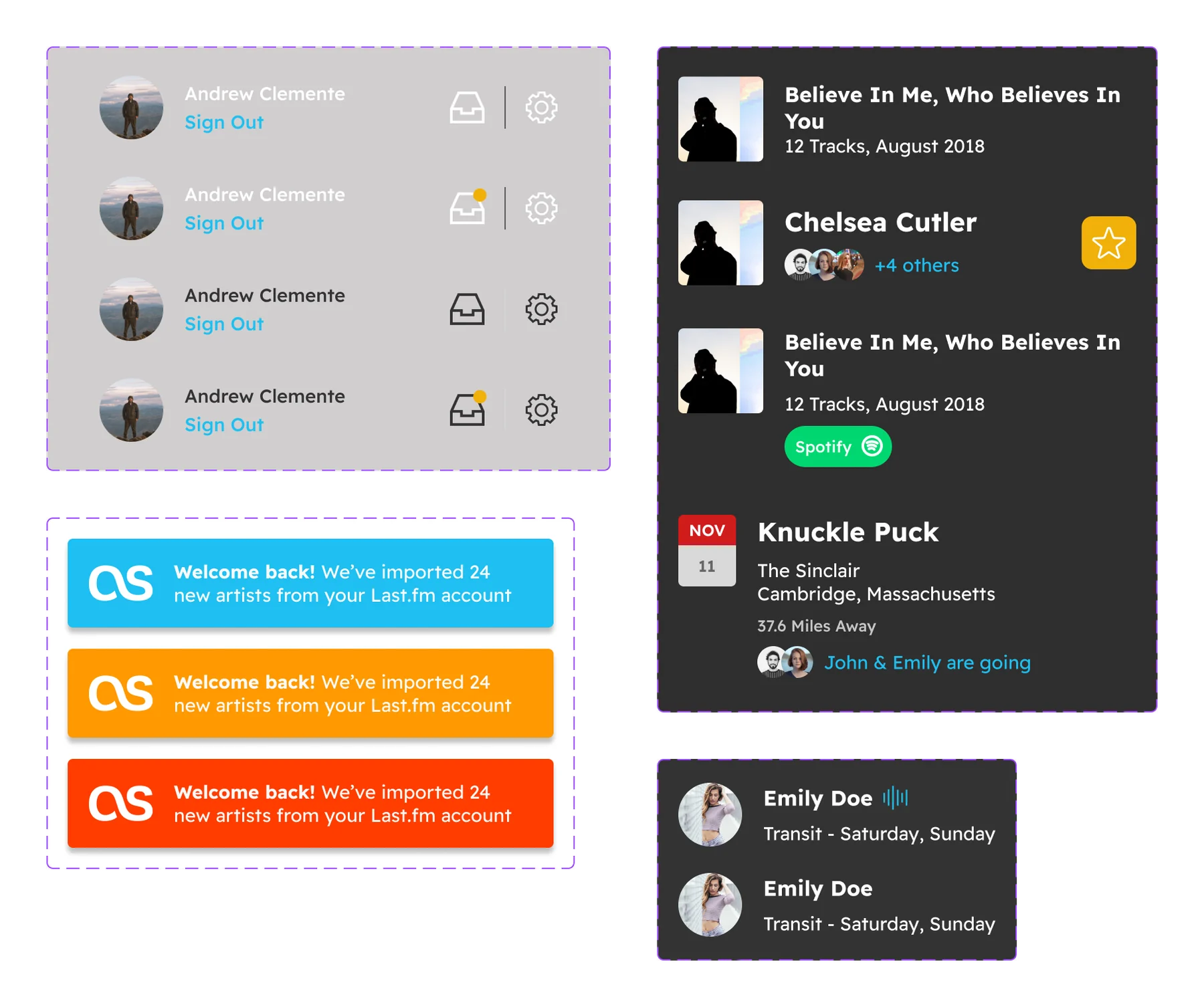 Figma component sets: headers for both modes with and without an inbox badge, the Last.fm banner in three colors, content rows, and friend activity rows with a now-playing indicator