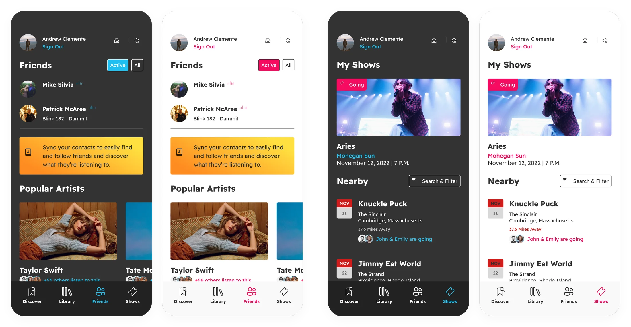 The Friends and Shows tabs in dark and light mode