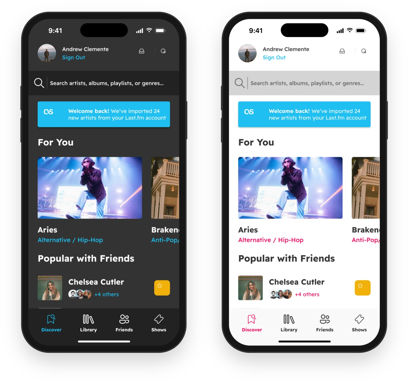 The music app's Discover screen on two iPhones, one in dark mode and one in light mode